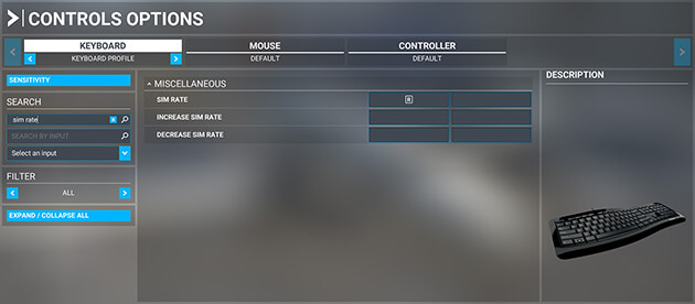 Screenshot showing how to bind a keyboard button to adjust sim rates