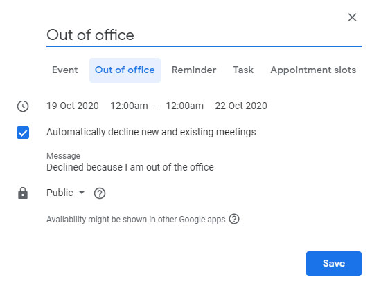 Out of Office tab