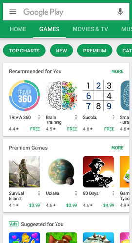 The Games link on the Google Play Home screen.