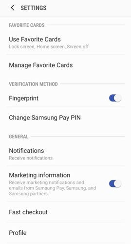 Samsung Pay settings