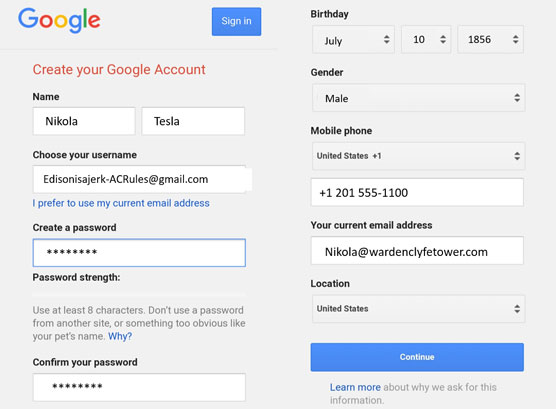 The Create your Google Account screen.