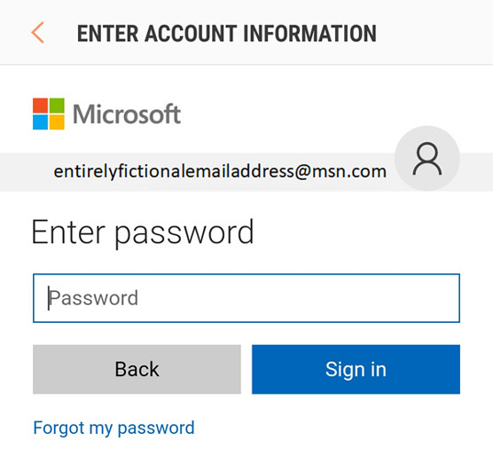 Info screen for Microsoft Exchange account