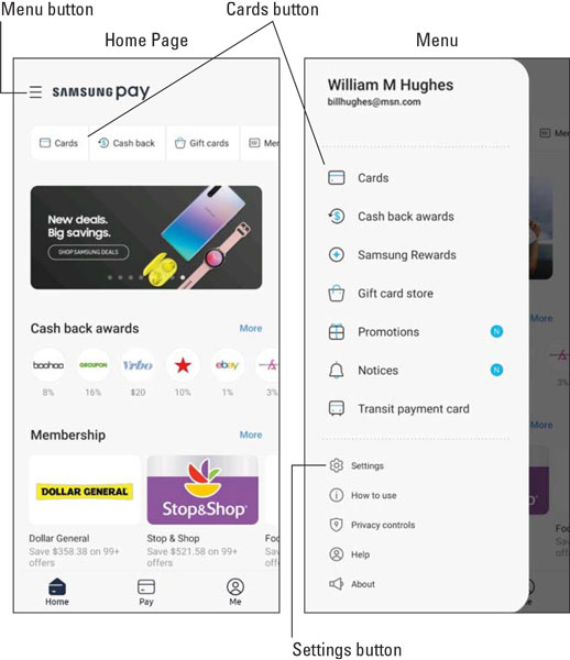 The Samsung Pay Home Page.