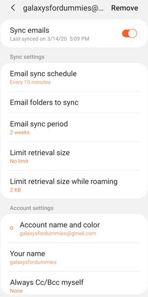 The Sync Settings screen.