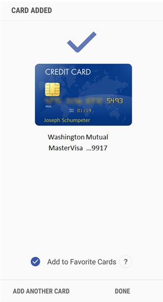 Card added verification screen.