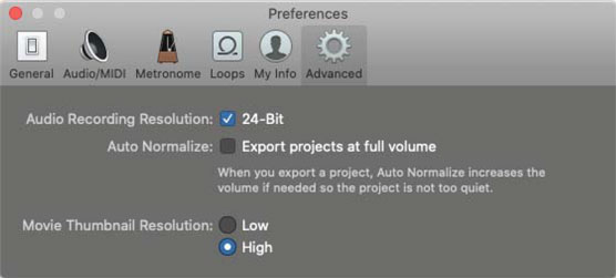 GarageBand Advanced preferences