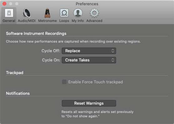 GarageBand General Preferences