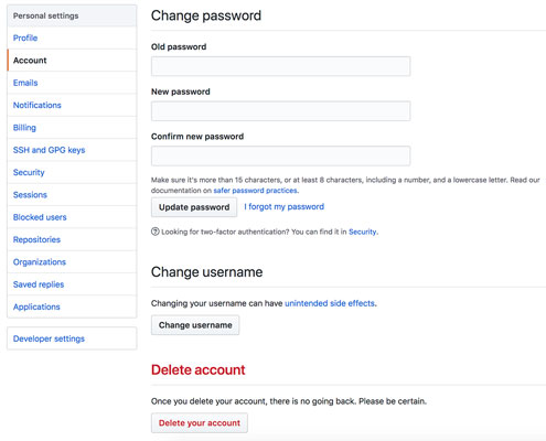 GitHub Account settings