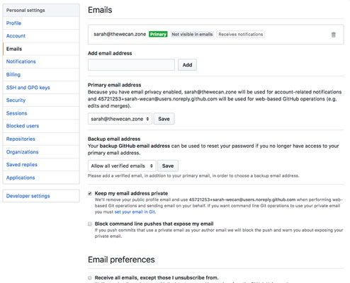 GitHub email settings