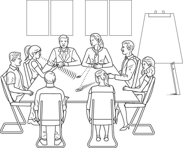 Illustration showing a person using a table remote microphone with a hearing aid during a meeting.
