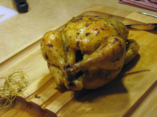 Place the roasted chicken, breast side up, on a carving board.