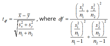 hypothesis test for difference of two population means <em>μ<sub>x</sub></em> - <em>μ<sub>y</sub></em> with standard deviations unknown but unequal