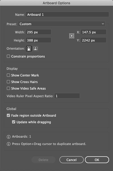 Artboard Options dialog