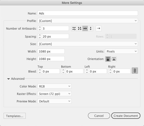 Defining a three-artboard document.