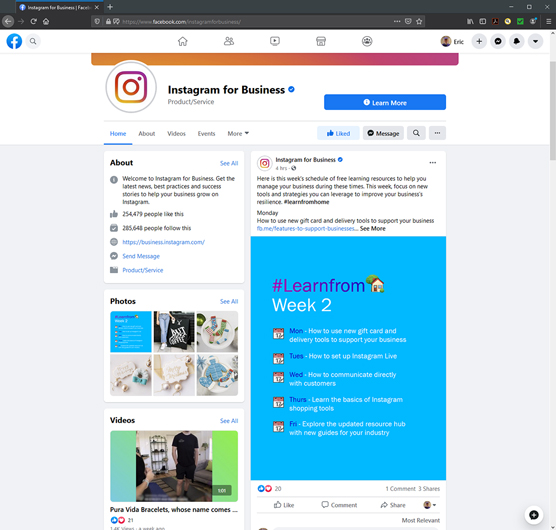 Instagram for Business page on Facebook.