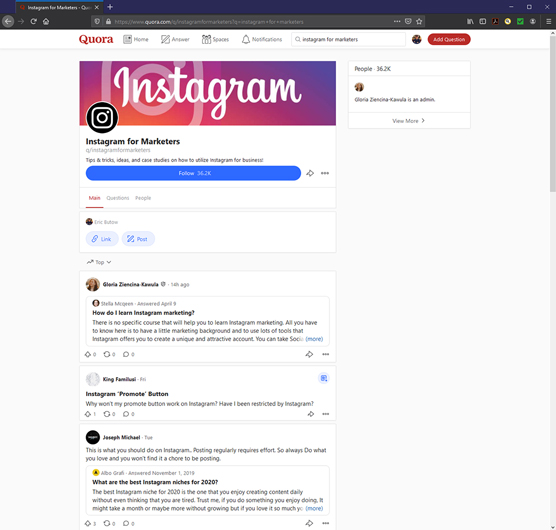 Quora Instagram for Marketers group page