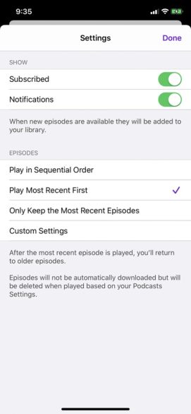 iPhone podcast settings