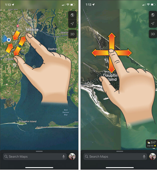 Images showing the pinching and swiping gestures on an iPhone Multi-Touch screen