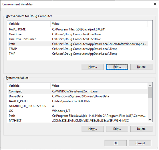 The Environment Variables dialog box.