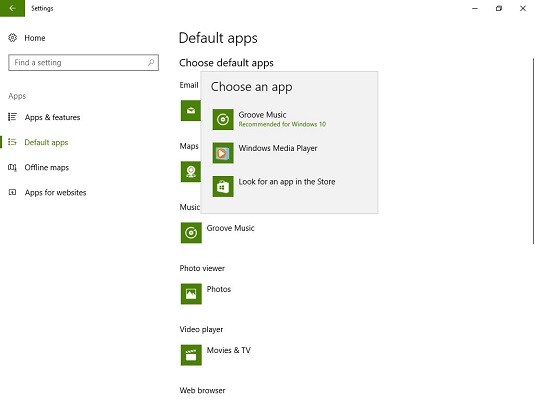 default app options Windows 10