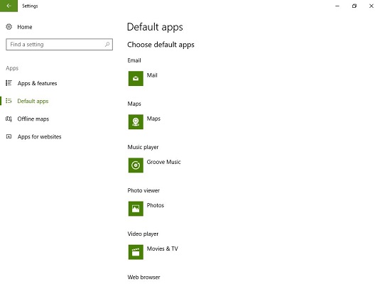 deafult apps Windows 10