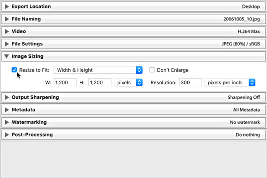 Lightroom CLassic Image Sizing panel