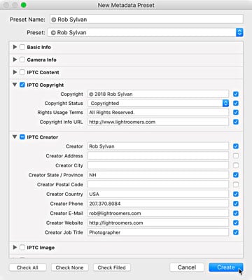 New Metadata Preset dialog of Lightroom Classic