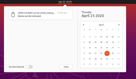 The GNOME 3 calendar menu.