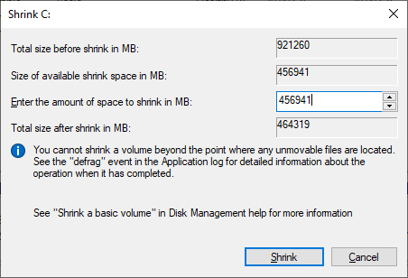 The Shrink Volume dialog box.