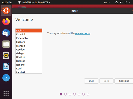 The Ubuntu language selection window.