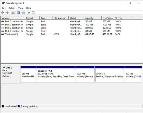 The Windows 10 Disk Management tool.