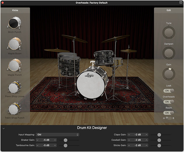 Screenshot showing the Logic Pro Drum Kit Designer Exchange and Edit panels