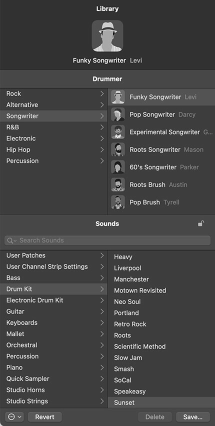 Screenshot of Logic Pro drummer library window
