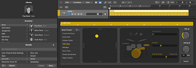 Screenshot of Logic Pro drummer track and region window