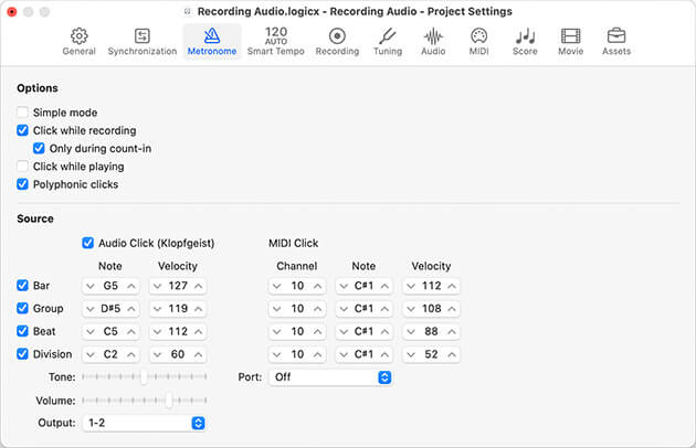 Screenshot showing Logic Pro metronome project settings