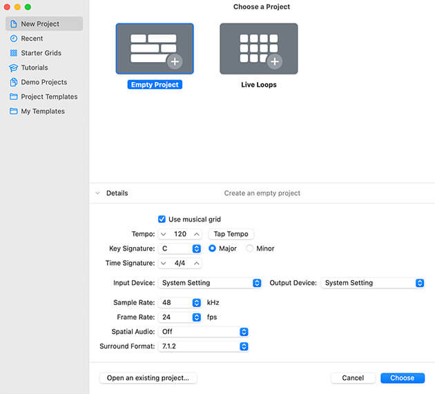 Screenshot of Logic Pro project templates window