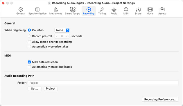 Screenshot showing Logic Pro recording project settings