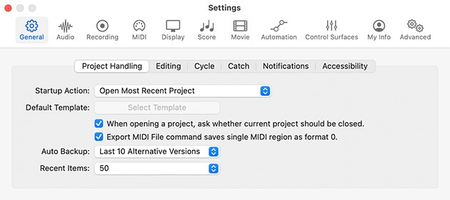 Screenshot of Logic Pro settings window