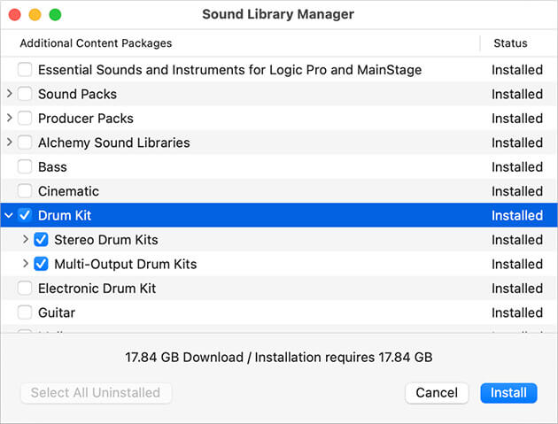Screenshot of Logic Pro Sound Library Manager