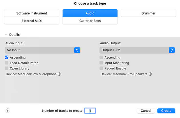 Screenshot of Logic Pro New Tracks dialog box
