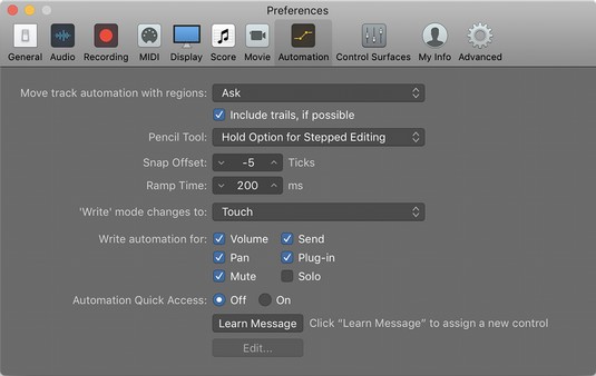 Logic Pro X automation preferences