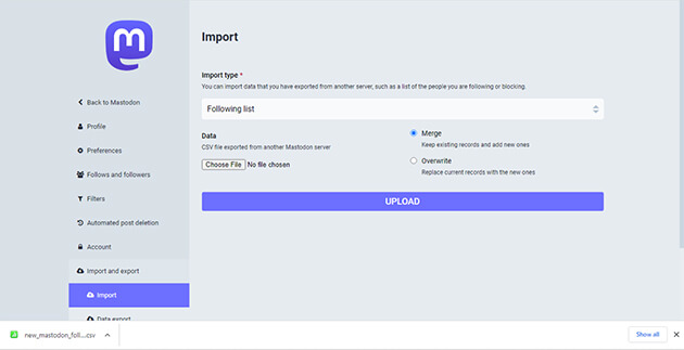 Screenshot showing the Mastodon import page