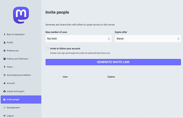 Screenshot showing the Mastodon invite people page