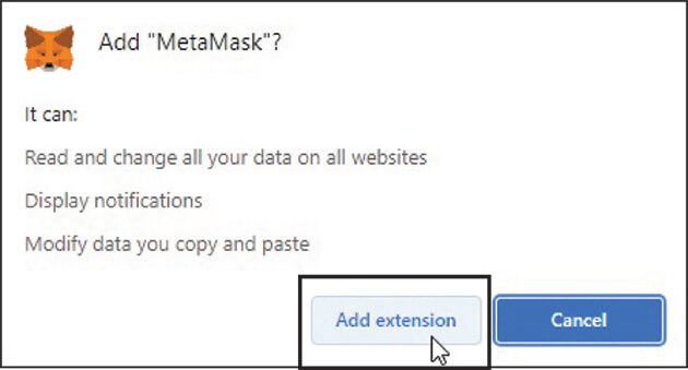 Screenshot showing the pop-up window for adding the MetaMask browser extension