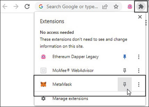 Screenshot showing MetaMask in the browser extensions drop-down menu