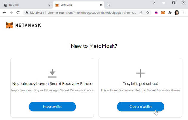 Screenshot showing the window for creating a new MetaMask wallet