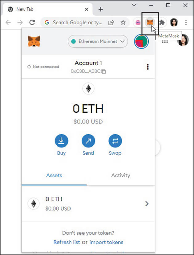 Screenshot showing the window for accessing the MetaMask wallet from your browser's toolbar