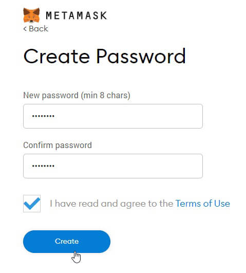 Screenshot showing the window for creating your MetaMask wallet password
