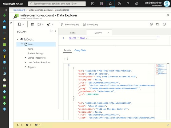 Cosmos DB data explorer
