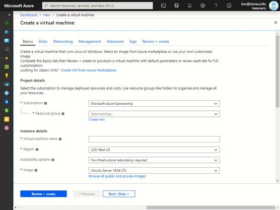 Azure Create a Virtual Machine blade